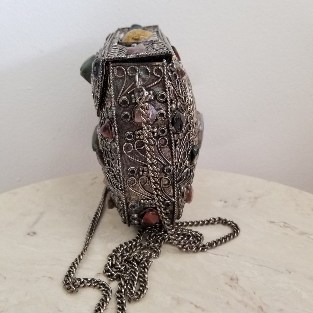 Vintage Sajai Metal Purse with Natural Agate Stones – Filigree Minaudière - Picture 7 of 8